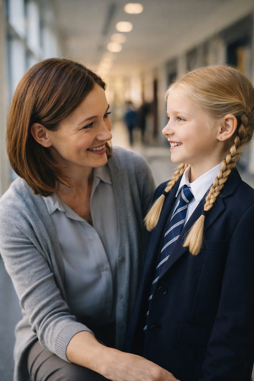 A teacher and a student talking in a school corridor